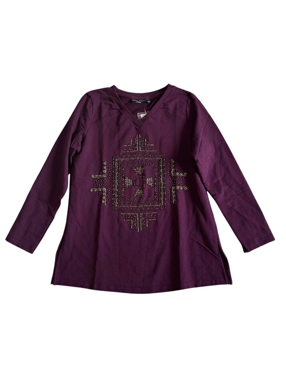 Susan Graver Artisan Small Long Sleeve V-Neck Shirt Beaded Geometric Design